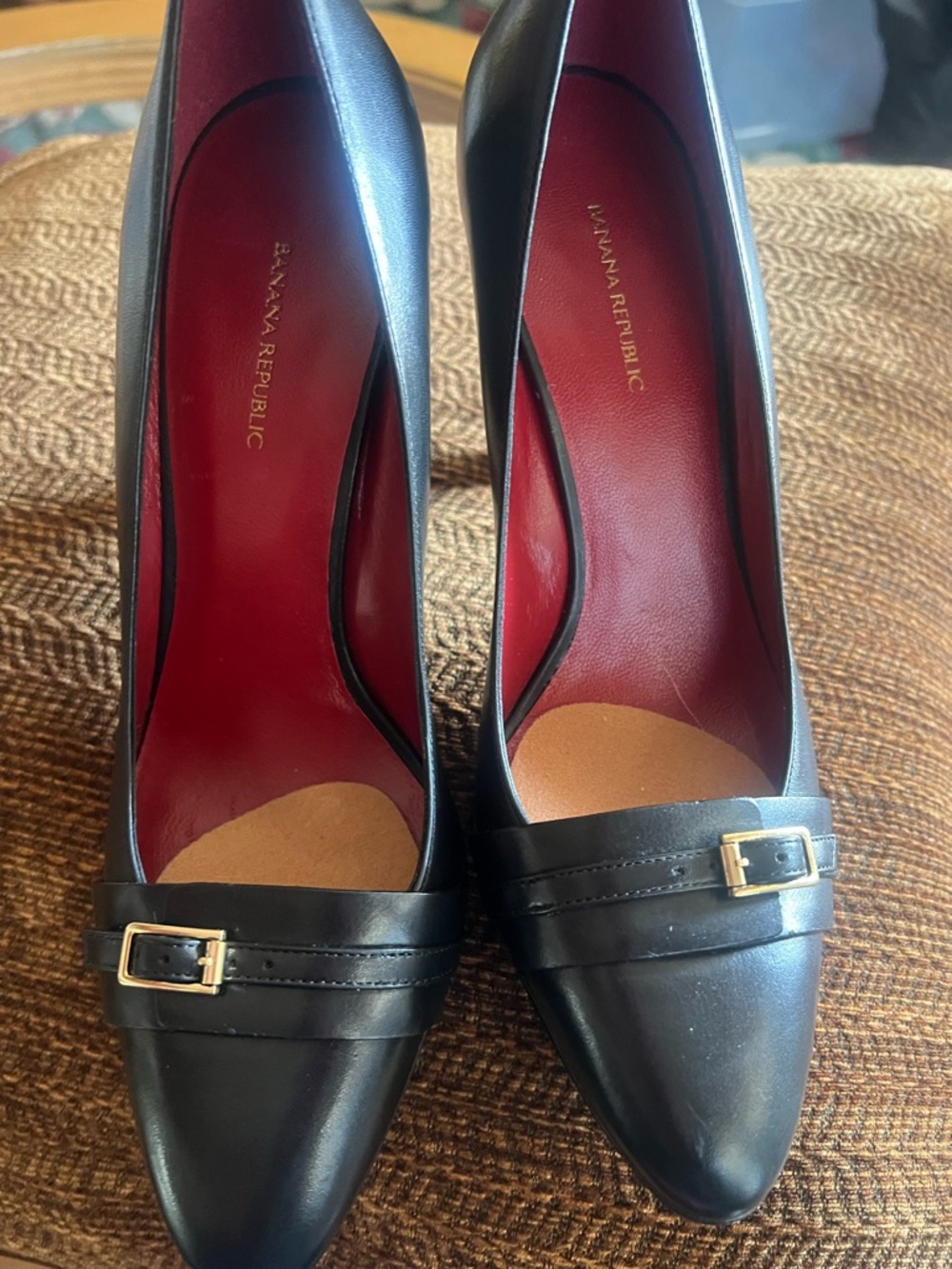 Banana Republic Black Leather Pointed Pumps with Gold Buckle Detail